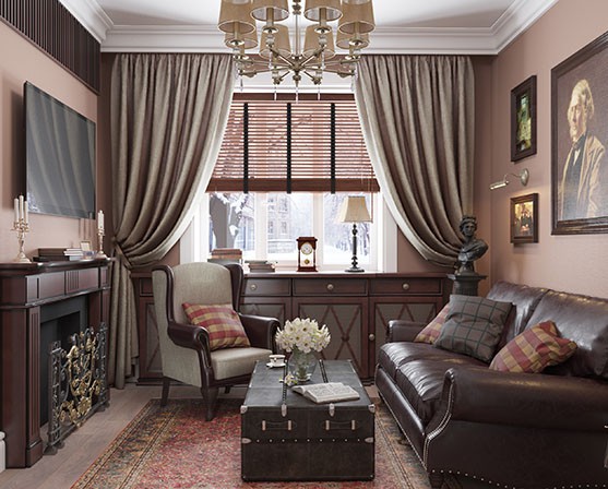 Klassieke raamdecoratie houten jaloezieën overgordijnen met embrasses klassiek luxe interieur donkere woonkamer